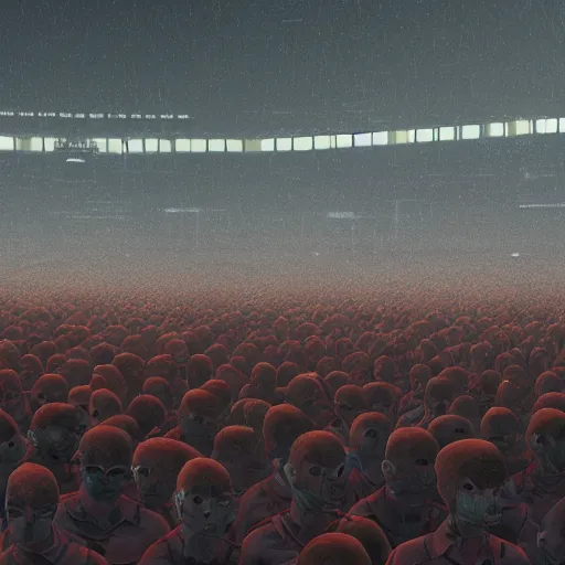 Image similar to a farm of human heads in a stadium, Simon Stalenhag, beeple, Wadim Kashin, 4K, cinematic