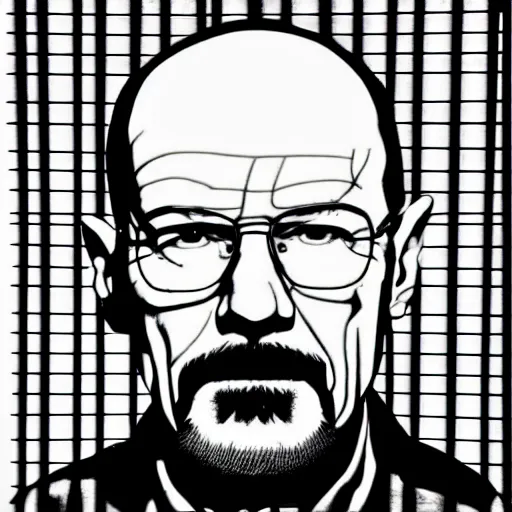 Image similar to !dream a portrait of Walter White, made by Andy Warhol, two tone, very high contrast, only black and white, simplistic, extremely high contrast, two tone, notan art, by Andy Warhol, minimalistic,