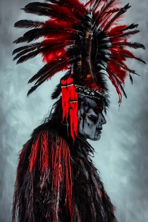 Image similar to the ghost - spirit of the grim - warpaint wears the scarlet skull armor and native blood headdress feathers, midnight fog - mist!, dark oil painting colors, realism, cinematic lighting, various refining methods, micro macro autofocus, ultra definition, award winning photo