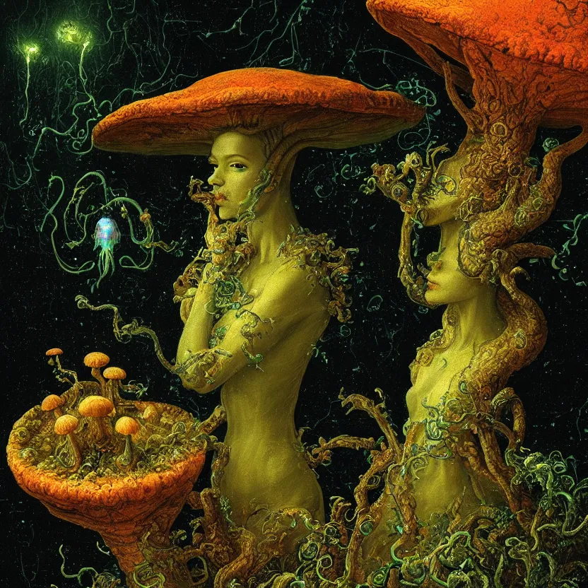 Prompt: a close - up rococo portrait of a futuristic iridescent mushroom alien elf - like creature standing in water, moss, and swamp. fireflies night time. rich orange colors, high contrast. gloomy, highly detailed 1 8 th century sci - fi fantasy masterpiece painting by jean - honore fragonard, moebius, and johfra bosschart. artstation