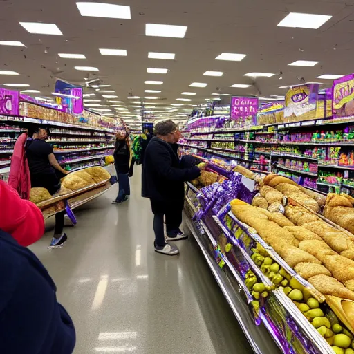 Image similar to thanos grumpily waiting in line at walmart grocery store, holding a baguette, photograph, 16mm f/1.4, 4k