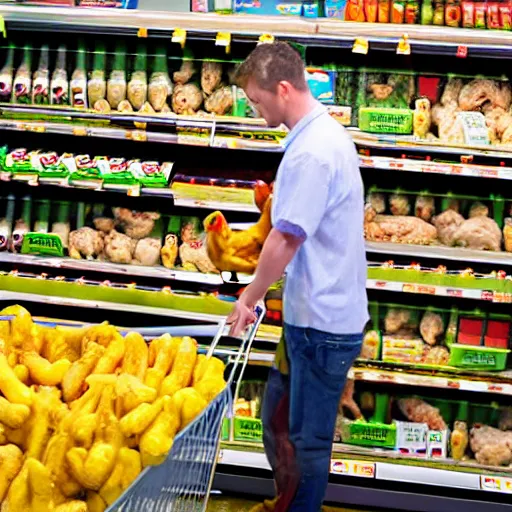 Image similar to anthropomorphic chicken man with chicken arms carefully considering chicken options in grocery store aisle, 8K hyper realistic render,