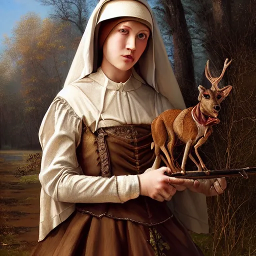 Image similar to A masterpiece portrait of a Incredibly beautiful maid barique renaissance swamp nun girl hunting on deer with russian greyhound medium shot, intricate, elegant, highly detailed. trending on artstation, digital art, by Stanley Artgerm Lau, WLOP, Rossdraws, James Jean, Andrei Riabovitchev, Marc Simonetti, Yoshitaka Amano. background by James Jean and Gustav Klimt, light by Julie Bell, 4k, porcelain skin.