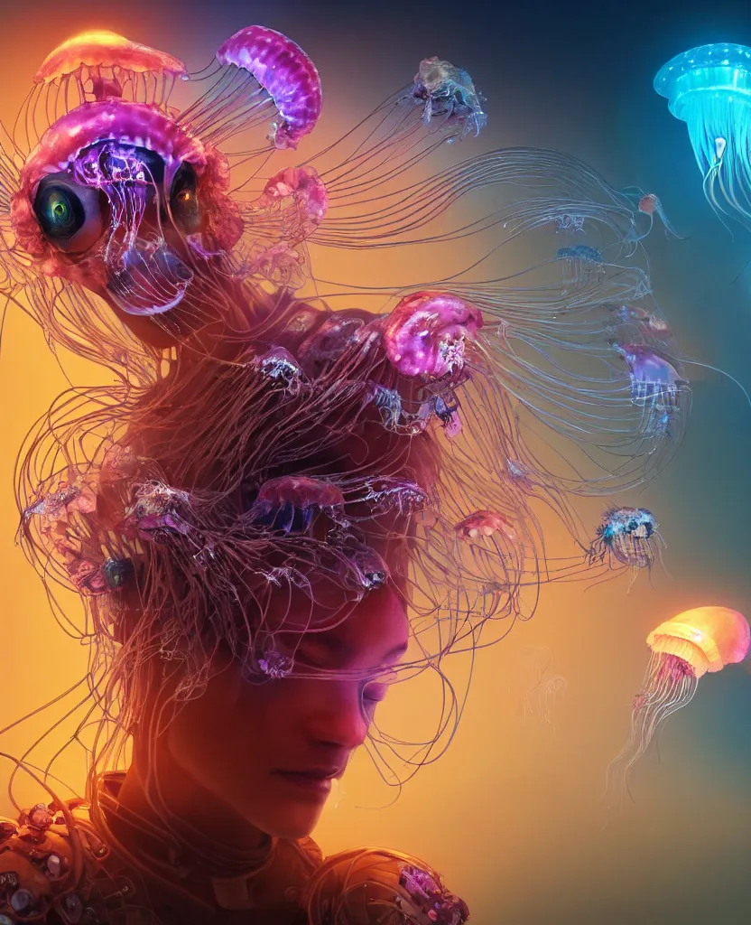 Image similar to close-up portrait of the face of a beautiful princess in a twisted flowers jellyfish mask in a spaceman suit surrounded by energy flow, epic angle and pose, symmetrical artwork, 3d with depth of field, blurred background, floating jellyfish skull phoenix bird, translucent, nautilus, energy flows of water and fire. a highly detailed epic cinematic concept art CG render. made in Maya, Blender and Photoshop, octane render, excellent composition, cinematic dystopian brutalist atmosphere, dynamic dramatic cinematic lighting, aesthetic, very inspirational, arthouse. y Greg Rutkowski, Ilya Kuvshinov, WLOP, Stanley Artgerm Lau, Ruan Jia and Fenghua Zhong