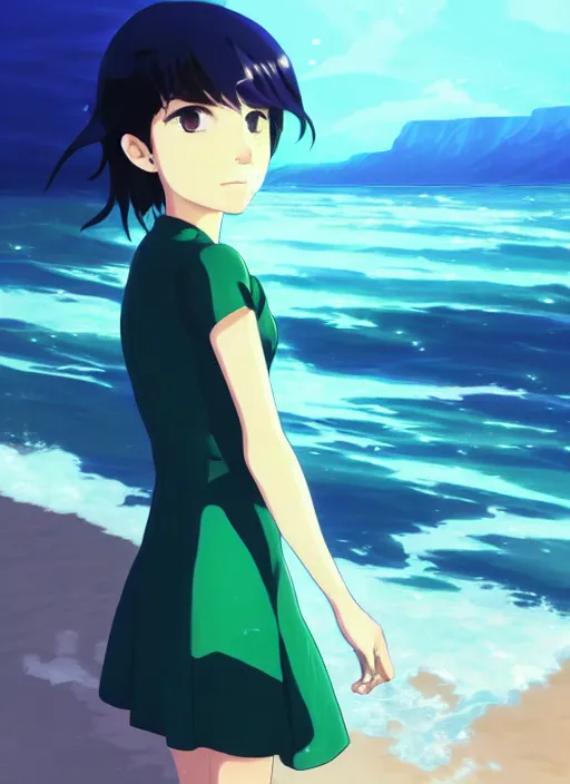 Image similar to makoto shinkai, ilya kuvshinov, beautiful kristen bell with green dress, very long blue hair, water powers water swirling, symmetrical face, symmetrical eyes, detailed, beach setting, cinematic lighting