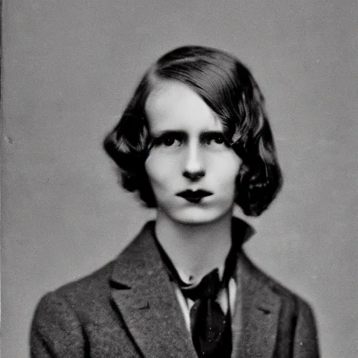 Image similar to 1930s portrait of a young anorexic man with shoulder length hair and extravagant clothes