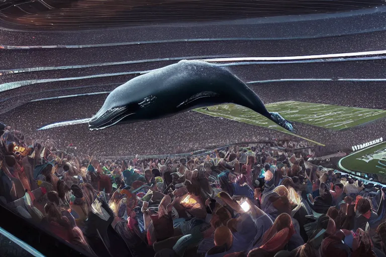 Image similar to a humpback whale flying over the NFL Super Bowl Stadium cinematic lighting by Jessica Rossier