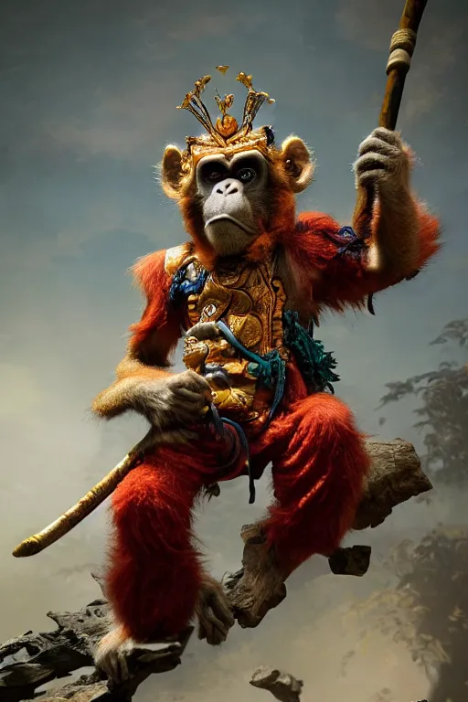 Image similar to monkey king photorealistic cosmic survival, 孫 悟 空 sun wukong, sci fi, painted by craig mullins, designed by sawoozer, akitipe studios, cone, bolt, worm, hog, mud