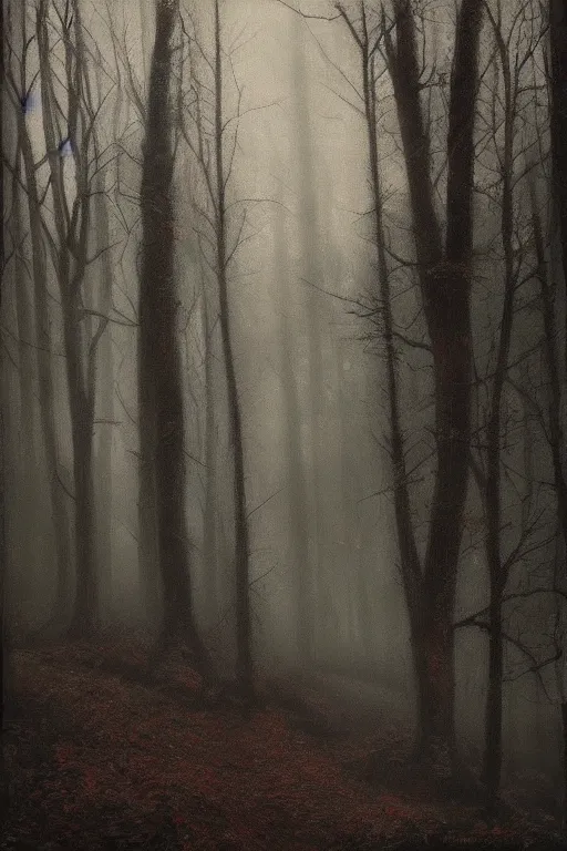 Image similar to dark and spooky woods. atmospheric, foggy, oil painting on canvas. fairytale. with a werewolf standing there