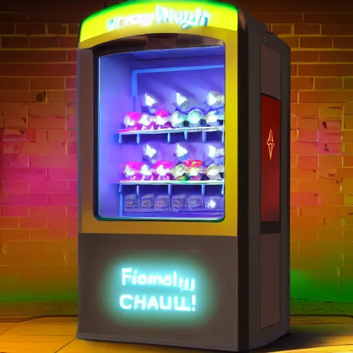 Image similar to friendly robot vending machine with pastel led lights made of cheap materials selling cheap junk food in a city comprised of light matter, set in the distant future, plants, light prisms, rainbow diffraction, steampunk, cyberpunk, robots, warm lights, anime, vhs distortion, art style mimics starlight brigade by game grumps