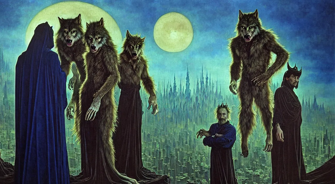 Image similar to realistic detailed portrait movie shot of a wolfman and a priest wearing dark robes, sci fi city landscape background by denis villeneuve, amano, yves tanguy, alphonse mucha, ernst haeckel, max ernst, roger dean, masterpiece, rich moody colours, blue eyes, occult