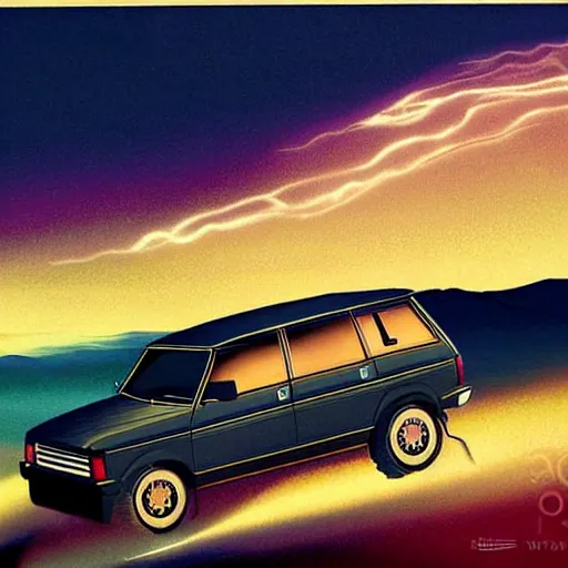 Image similar to rangerover driving down a windey road with noctoluminescent clouds in the sky, simplistic style, 1 9 8 0 s poster style