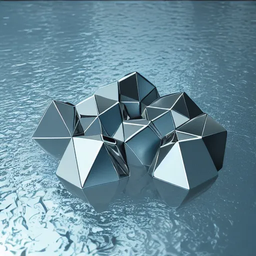 Prompt: platonic solids made of glass and steel floating above still water, octane render