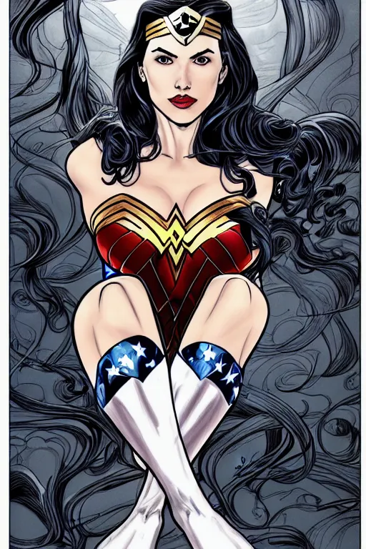 Prompt: A beautiful portrait of Wonder Woman by Frank Cho, detailed, proportional, trending on art station, medium shot