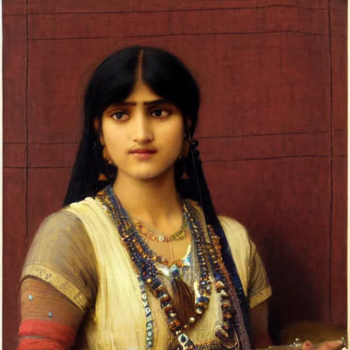 Image similar to orientalist portrait of an indian woman with thick black bangs selling carpets at market intricate artwork by john william waterhouse and Edwin Longsden Long and Theodore Ralli and Henryk Siemiradzki. trending on artstation, very coherent symmetrical artwork high detail 8k