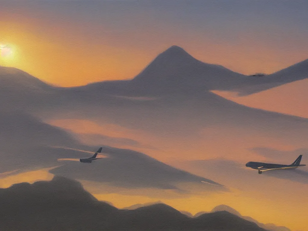 Image similar to single airbus airplane on runway at sunrise, mist. hills in the background. painting by moebius