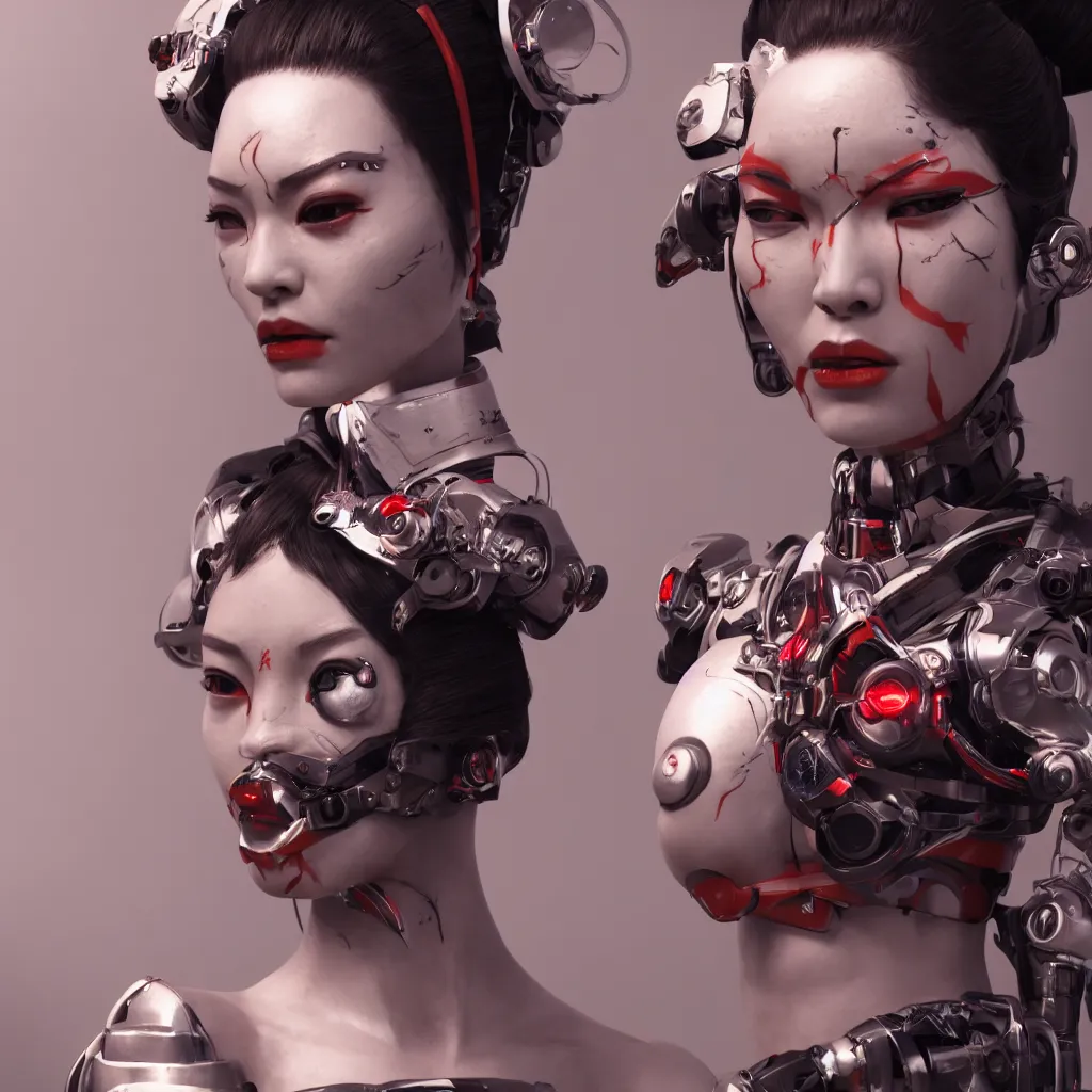 Prompt: Cyborg Geisha, 4K portrait, dynamic cinematic lighting, rendered by octane engine, Rendered in Octane, trending on artstation, cgsociety, 4k post-processing highly detailed