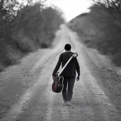 Prompt: man holding a guitar by its neck walking down a dirt road with his back to the camera. low camera angle, greyscale, album cover