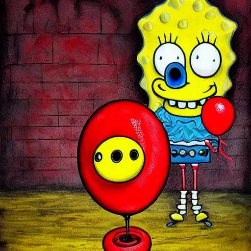 Image similar to grunge painting of spongebob with a wide smile and a red balloon by chris leib, loony toons style, pennywise style, corpse bride style, horror theme, detailed, elegant, intricate