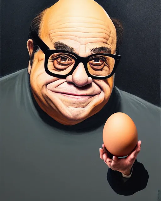 Image similar to painting portrait of danny devito as an egg, cartoon, warm lighting, danny devito has an egg body, movie poster, illustration by bartek fedyczak, erak note, tooth wu, neil richards, kan liu, siwoo kim, jisu choe, trending on art station