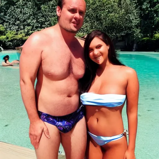 Image similar to photo of a 4 0 year old man that looks young for his age dating a very attractive 2 2 year old woman wearing a bikini. they are at a subrban house.