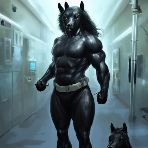 Image similar to splash art of a hyper - muscular black - coated anthropomorphic horse character in a research facility wearing a combat kevlar outfit, long hair, highly detailed, furry, furaffinity, digital painting, artstation, sharp focus, illustration, art by artgerm, greg rutkowski, alphonse mucha