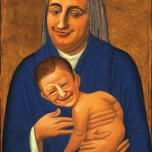 Prompt: painting benjamin netanyahu smiling while being held by his mother, tempera on wood, maesta inspired, by duccio