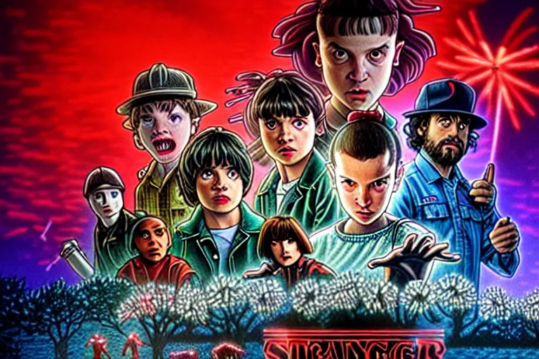 Image similar to closeup shot from the animated version of Stranger Things by Matt Groening, cartoon, detailed faces, high resolution, hyper detailed, intricate, illustrated, dramatic lighting, illustration, artstation, concept art, smooth, sharp focus, art by Alphonse Mucha and Matt Groening !n-9