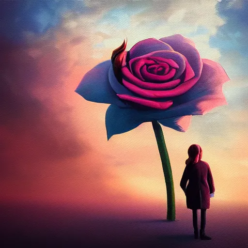 Prompt: closeup, giant rose flower face, frontal, girl in a suit, surreal photography, sunrise, dramatic light, impressionist painting, digital painting, artstation, simon stalenhag