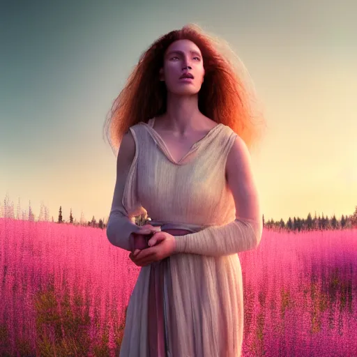 Prompt: photographic portrait of a stunningly beautiful renaissance female in soft dreamy light at sunset, field of fireweed, contemporary fashion shoot, by edward robert hughes, annie leibovitz and steve mccurry, david lazar, jimmy nelsson, breathtaking, 8 k resolution, extremely detailed, beautiful, establishing shot, artistic, hyperrealistic, beautiful face, octane render