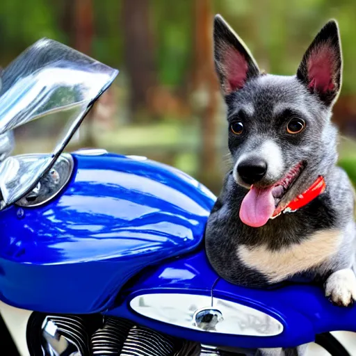 Image similar to blue heeler dog on a motorcycle, 8 k photography, blurred background of a wafflehouse