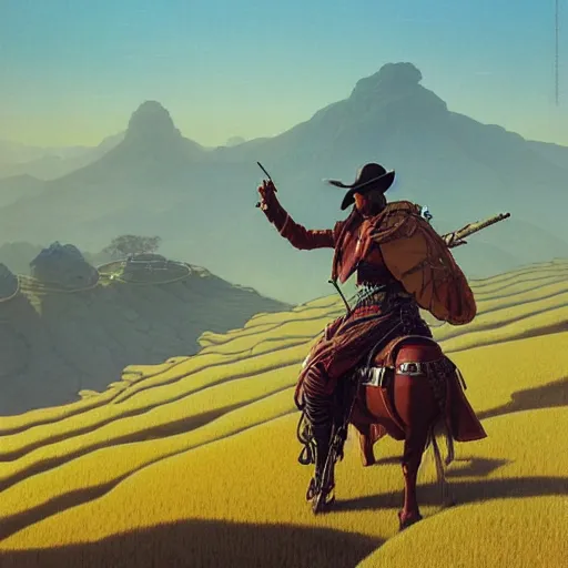 Image similar to cyberpunk afghan cowboy outrider standing atop a ridge, viewing rolling hills covered in rice terraces. c. leyendecker, simon stalenhag, studio ghibli, barlowe, audobon and beksinski