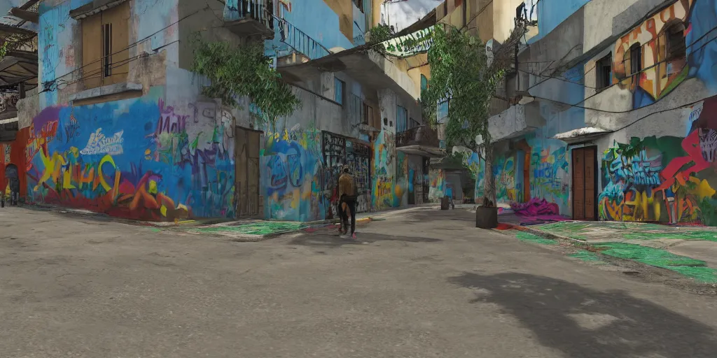 Image similar to zona 1 in guatemala city if it was a game like grand theft auto v first person view, with realistic visuals and award winning gameplay, graffitis