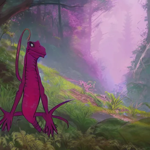 Image similar to concept art painting of an anthropomorphic lizard wearing magenta wizard robes, in the deep forest, realistic, detailed, cel shaded, in the style of makoto shinkai and greg rutkowski and james gurney