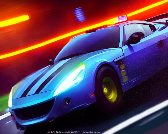 Image similar to sports car police chase, action shot, high speed, night life, neon lights, heavy rain, lens flare, deep focus, d & d, fantasy, intricate, elegant, highly detailed, digital painting, artstation, concept art, matte, sharp focus, illustration, hearthstone,