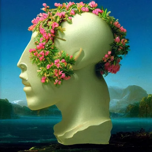 Image similar to a surreal vaporwave vaporwave vaporwave vaporwave vaporwave painting by Thomas Cole of an old pink mannequin head with flowers growing out, sinking underwater, highly detailed