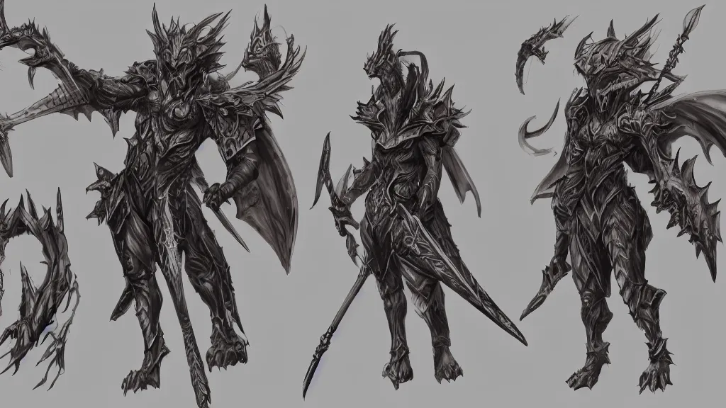 Image similar to concept art, chatacter sheet, dragon-shaped human, full color, warrior, spear, white and black clothes, trending on artstation