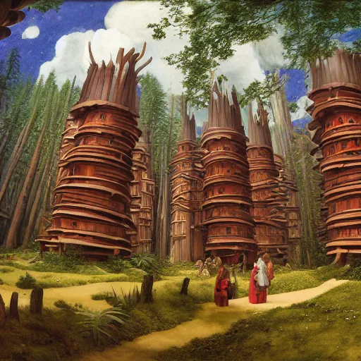 Prompt: Tlingit Maori forest of redwoods carved into towers with bulbous balconies, with a bazaar among their roots, by Studio Ghibli, Bruegel, Greg Rutkowski, and Ansel Adams, 1080p