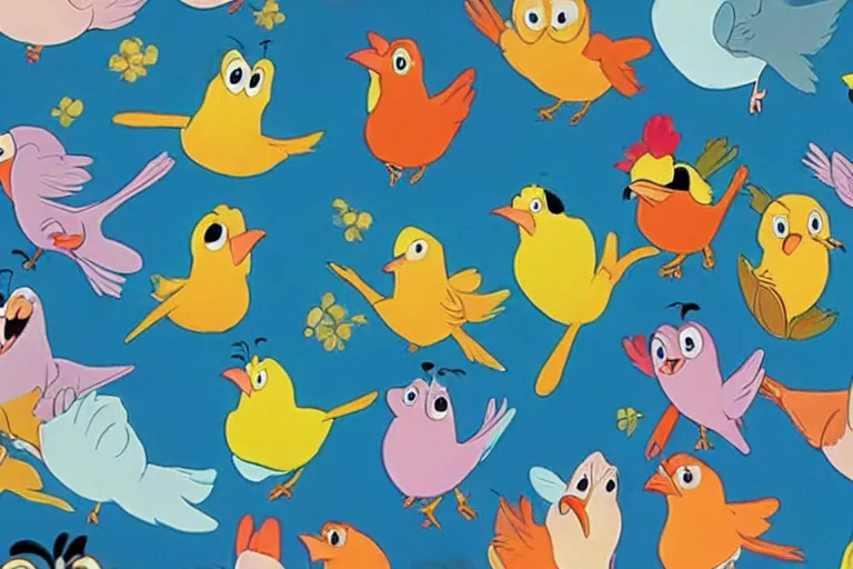 Image similar to cartoon of a thousand happy birds, from a disney animated film