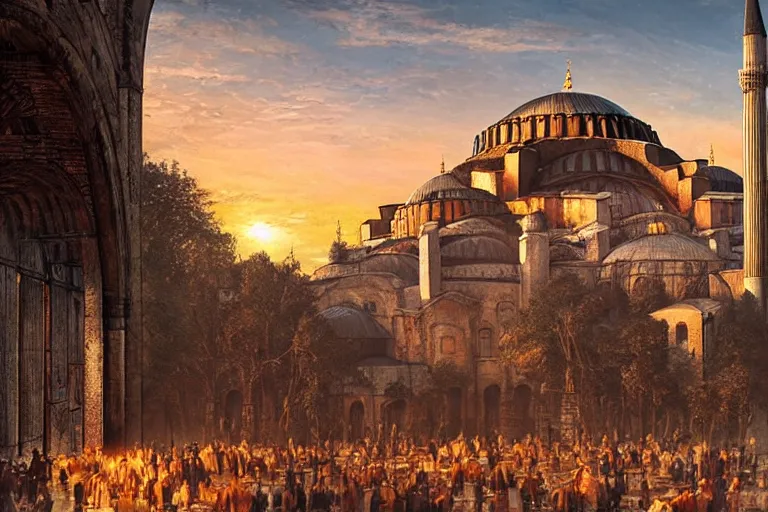 Image similar to historicaly accurate medieval istanbul and hagia sophia scenery landscape, lord of the rings,, rule of thirds, sunset, highly detailed, perfect lighting, perfect composition, 4 k, artgerm, derek zabrocki, greg rutkowski