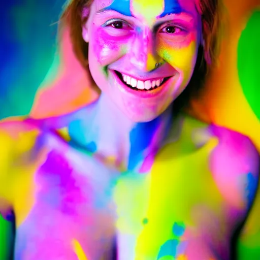 Prompt: a photo of a female smiling, painted her body with ultraviolet paint, 5 0 mm lens, f 1. 4, sharp focus, ethereal, emotionally evoking, head in focus, volumetric lighting, 8 k