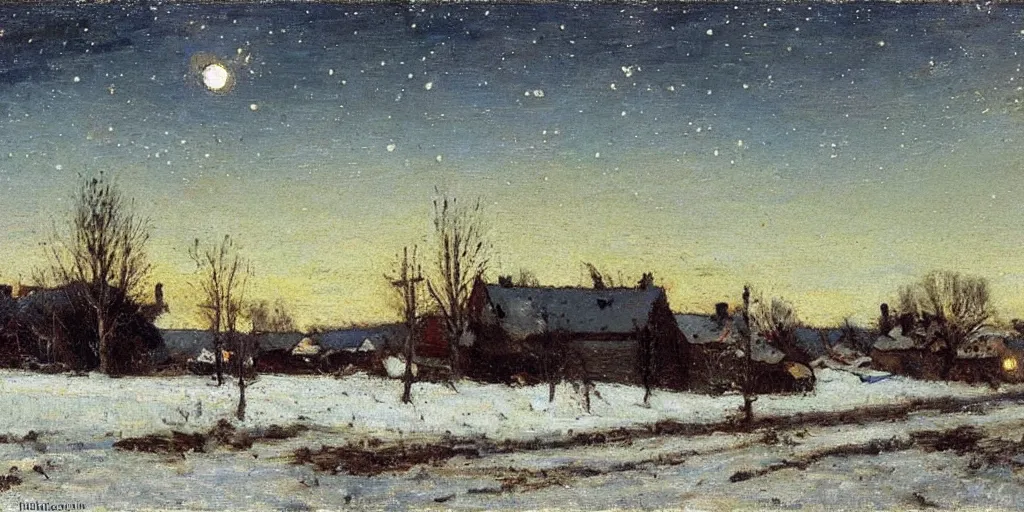 Image similar to a scene of a small rural russian village at night, stars, moon, wintertime, painting by frank weston benson