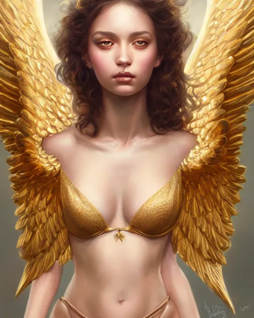 Prompt: beautiful angel girl portrait, gold bra, gold wings, highly detailed, d & d, fantasy, highly detailed, digital painting, trending on artstation, concept art, sharp focus, illustration, art by artgerm and greg rutkowski and fuji choko and viktoria gavrilenko and hoang lap