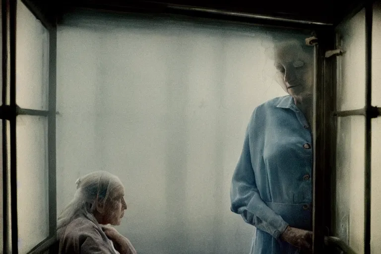 Prompt: a cinematic painting of an old female prisoner inside of jail cell, looking through a steamed up glass window, beautiful lighting, high depth, ultra realistic, artistic, by annie leibovitz, by gregory crewdson