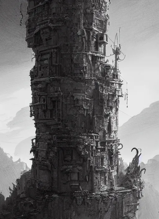 Prompt: The Secret Tower, Dynamic lighting, cinematic, extremely high detail, photo realistic, cinematic lighting, pen and ink, intricate line drawings, post processed, concept art, artstation, matte painting, style by Raphael Lacoste, Eddie Mendoza, Q Hayashida