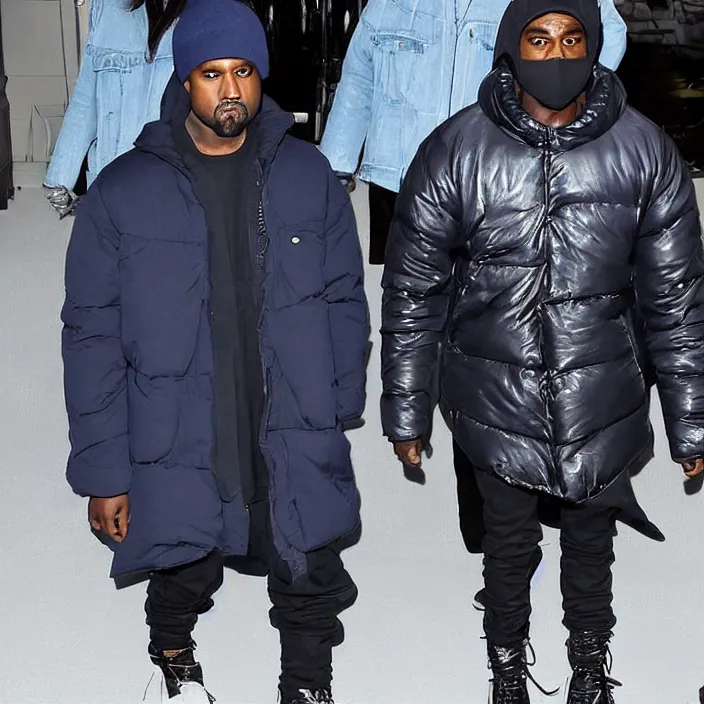 Prompt: kanye west using a full face covering black mask, a small bright blue round puffer jacket made of nylon and big black rubber boots,