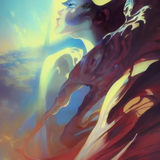 Image similar to art by makoto shinkai, art by boris vallejo, art by gaston bussiere, photorealistic dramatic liquid anime boy, retro psychedelic posters, dramatic color, houdini, by peter mohrbacher, vfx, art by boris vallejo, volumetric fog, concept art, by atey ghailan