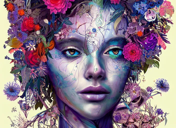 Image similar to a painting of a beautiful cyborg girl with a lot of flowers, blueberries and exotic plants on its head, poster art by android jones, behance contest winner, generative line art, made of flowers, grotesque, concert poster