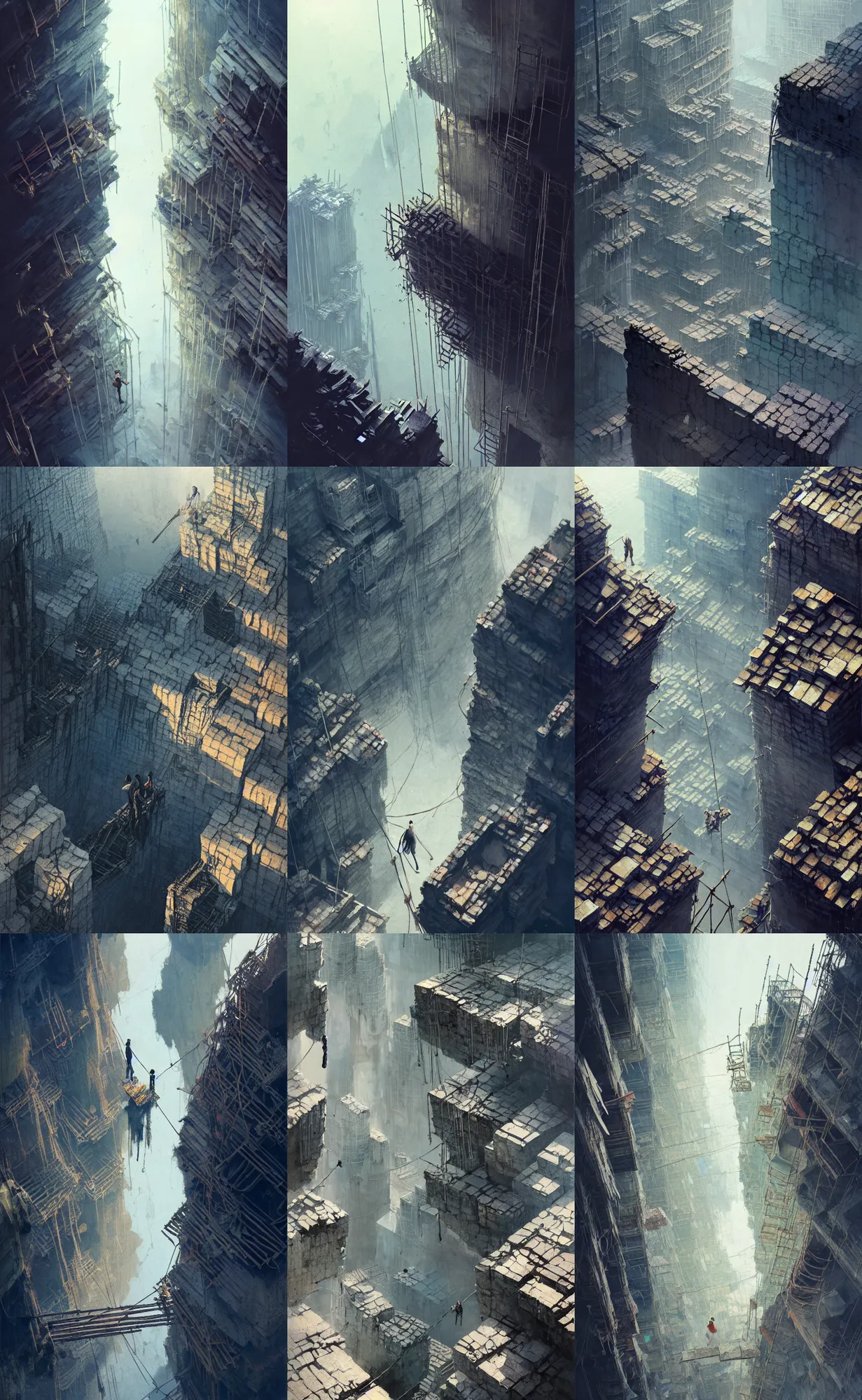 Prompt: a looking down from above, vertigo, bottomless void, thin cylindrical towers of ancient crumbling masonry, scaffolding, cracks, rubble, makeshift houses, rope bridges, rise above clouds, illustration by ruan jia, cold color palate, bloom, dramatic lighting