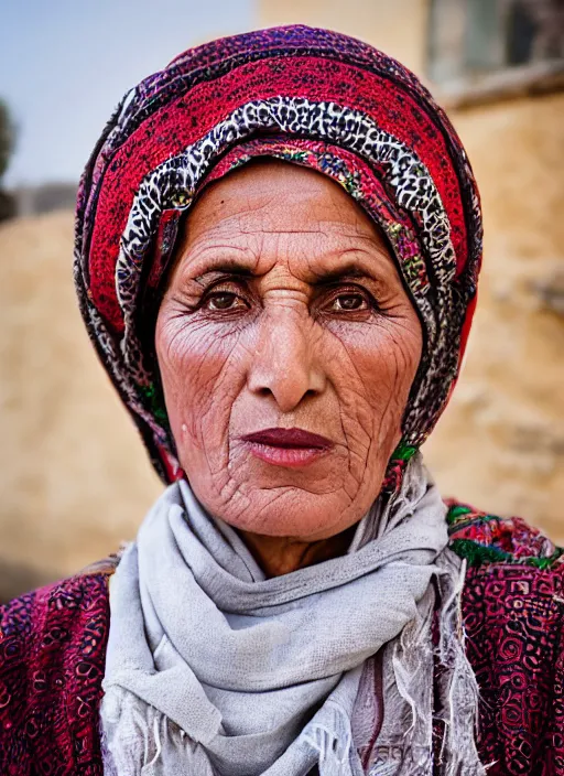 Image similar to Mid-shot portrait of a beautiful 60-year-old woman from Morocco, wearing traditional clothes, candid street portrait in the style of Martin Schoeller detailed, award winning, Sony a7R